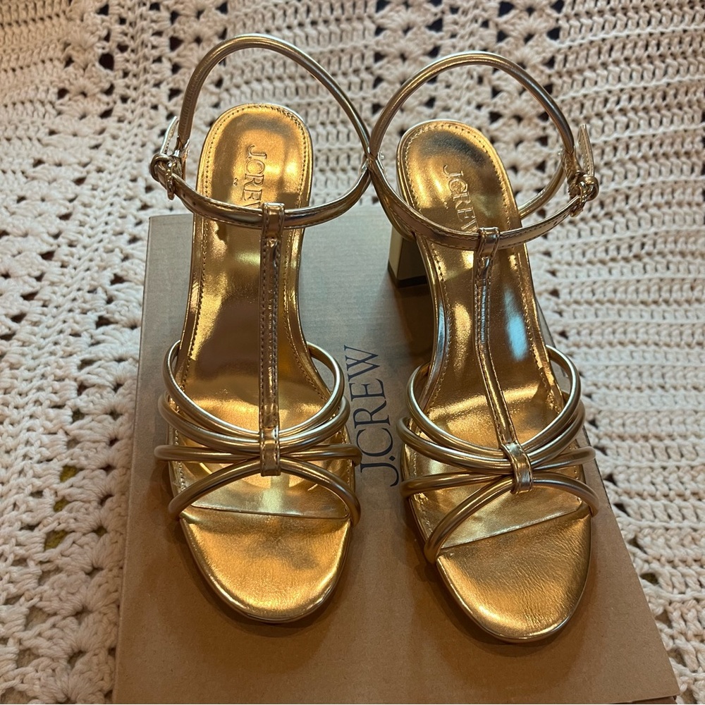 J. Crew Factory Sunkissed Metallic Gold T-Strap Heels Size 8 New in Box - Picture 6 of 11